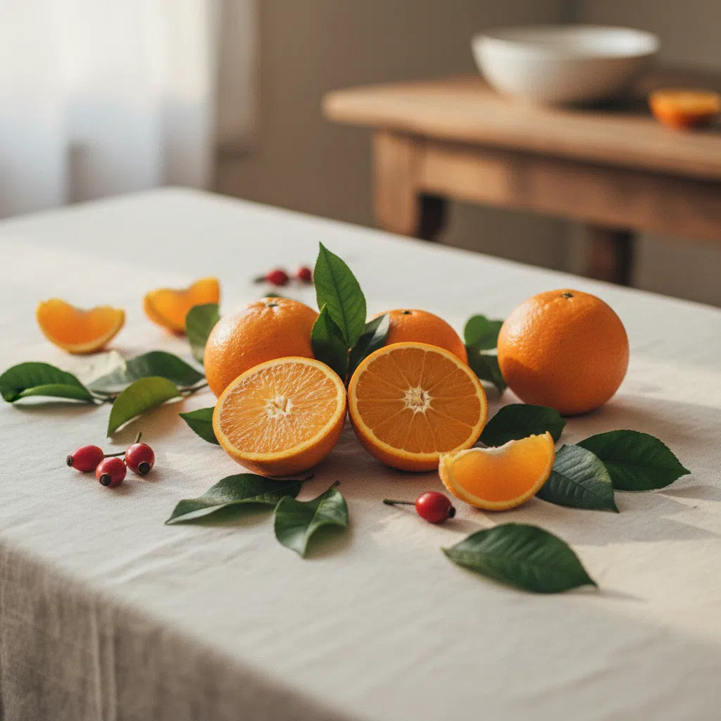 Verse citrusvruchten en kruiden op een lichte keukentafel als voedingsrijke ingrediënten